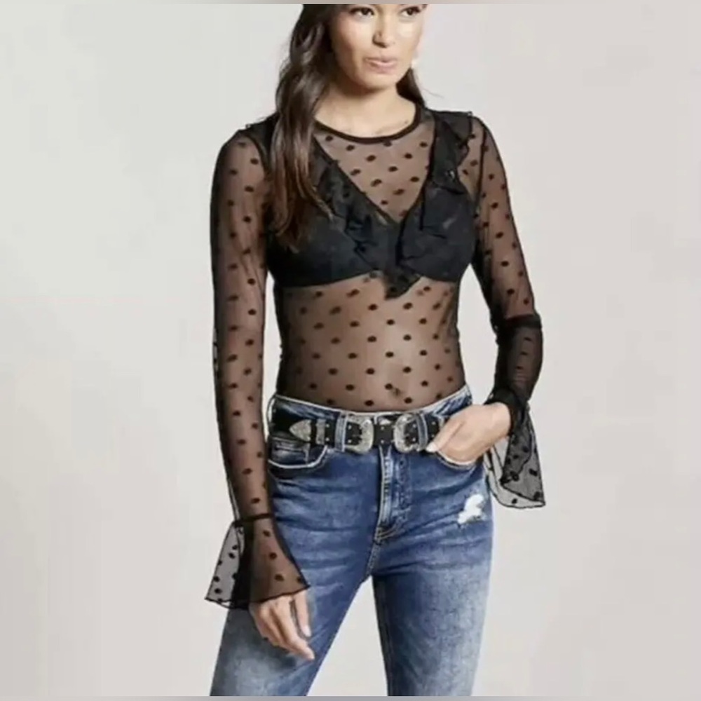 Forever 21 Black Sheer Ruffle Polka Dot Blouse - Size M